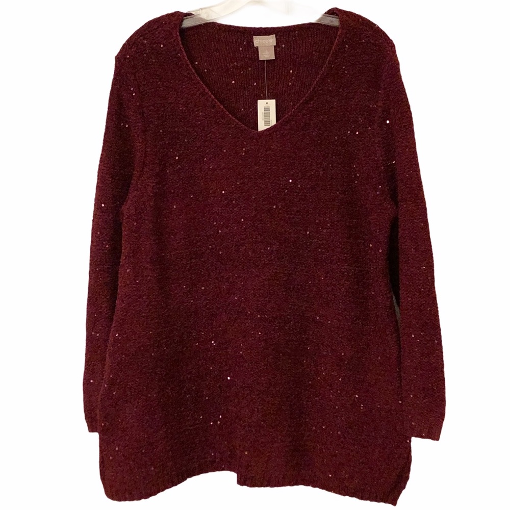 New Chico’s Merlot Shine Sequin Sweater 12